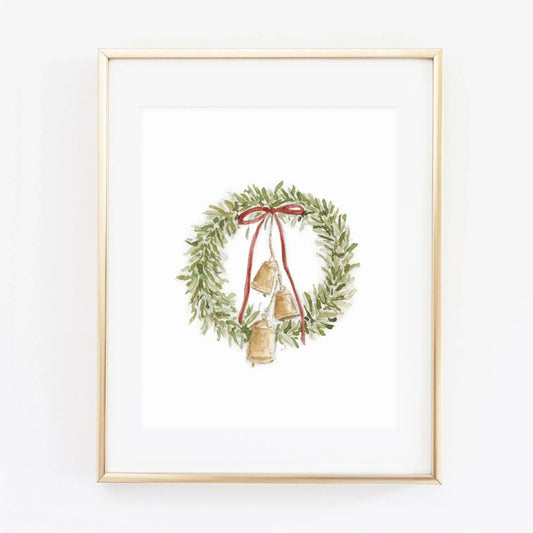 bell wreath watercolor wall art print