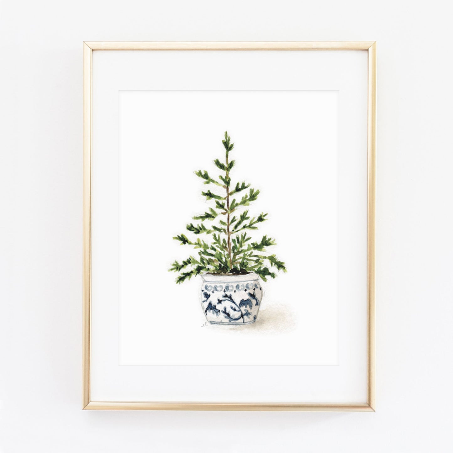 blue potted tree watercolor wall art print