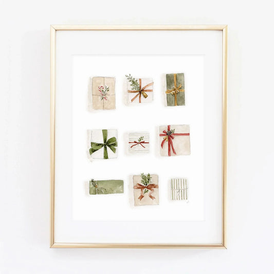 wrapped gifts watercolor wall art print