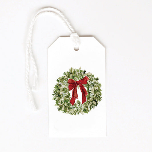 red bow wreath gift tags