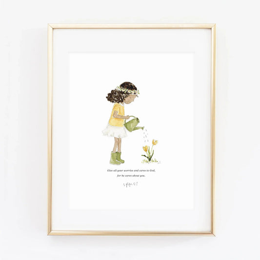 1 peter 5:7 watering girl scripture print