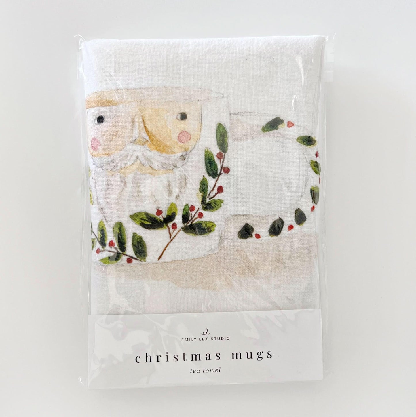 christmas mugs cotton flour sack tea towel